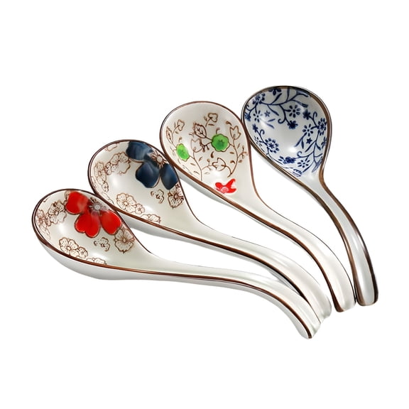 ACDANC 4 Pieces Ceramic Rice Spoons Curved Handle Soup Spoon Painted Flower Spoons with Long Handle