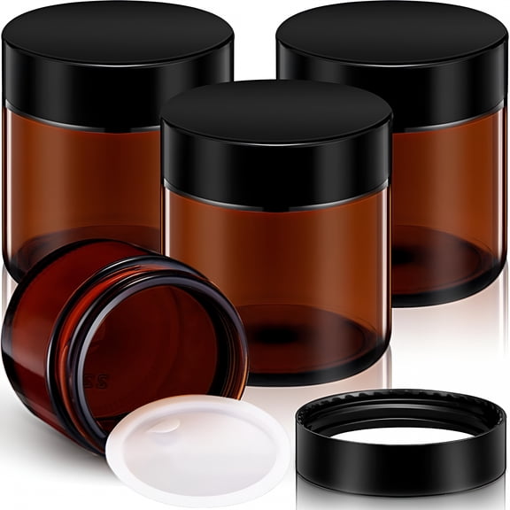 ACDANC 4 oz Glass Jars with Lids, 4 Pack Amber Cosmetic Jars with Black Lids Leakproof and Dishwasher Safe for Travel Storage Makeup, Cream, Lotion, Ointments