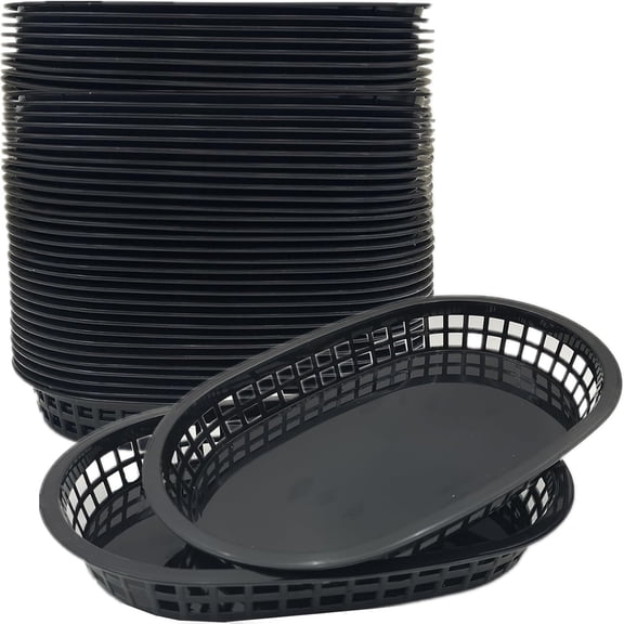 ACDANC 40 Pack Fast Food Baskets, Reusable Deli Fast Food Storage Basket, 10.5 X 7 Inch Black Plastic Baskets, Foods Service Tray Holde for Easter, Fruit, Hot Dogs, Burgers, Fries, Snacks,Picnic