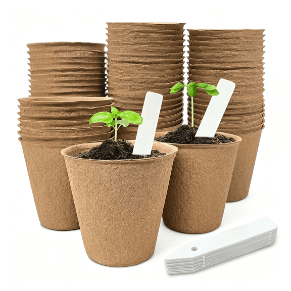 ACDANC 40Pcs 3.15 " Peat Pots,Biodegradable Eco-Friendly Round Plant Seedling Starters Kit,Seed Germination Trays with 10 Labels for Flower Vegetable Tomato Saplings & Herb Germination,Khaki