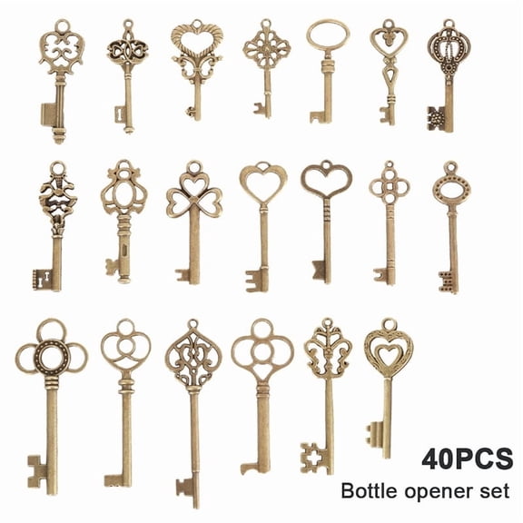 ACDANC 40pcs Key Bottle Opener Wedding Gifts for Guests Copper Color Skeleton Key Beer Bottle Opener with Personalized Sticker Cards
