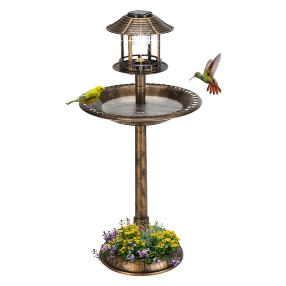 ACDANC 41" Bird Bath Resin Pedestal Birdbaths with Solar Light Antique Sculpture Finish Garden Decor Bronze