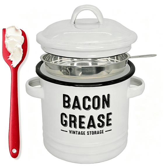 ACDANC 46 Oz Grease Container ,Bacon Grease Container ,Farmhouse Cooking Pot Keeper Collector,Dishwasher Safe (White)