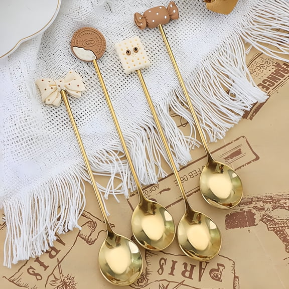 ACDANC 4PCS Dessert Spoon Long Handle Food Grade Stainless Steel Cute Cookie Bowknot Design Coffee Stirring Spoon