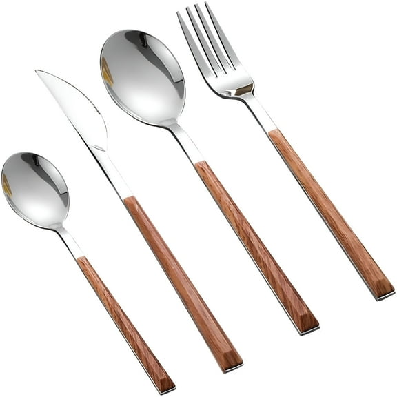 ACDANC 4Pcs Silver Silverware Set With Simulated Wood Handle Stainless Steel Dinnerware Set Flatware Fork Spoon Service Kitchen Utensil