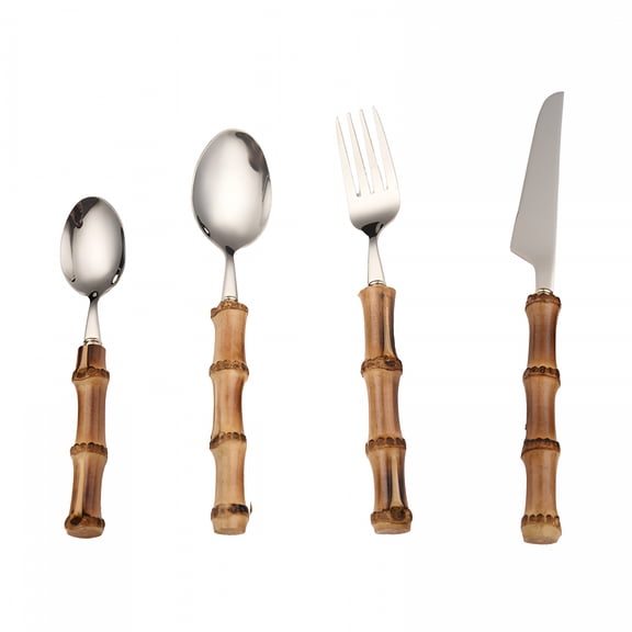 ACDANC 4Pcs Tableware with Bamboo Handle, Steak Knives Cutlery Stainless Steel Flatware Set Includes Forks Spoons Knives