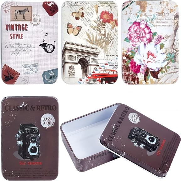 ACDANC 4Pcs Vintage Metal Tin Box Gift Card Holder Rectangular Tinplate Box Containers Christmas Small Wrap Boxes with Lids Hinged Storage Cans for Home Kitchen Candles Jewelry Coin Cake Biscuits