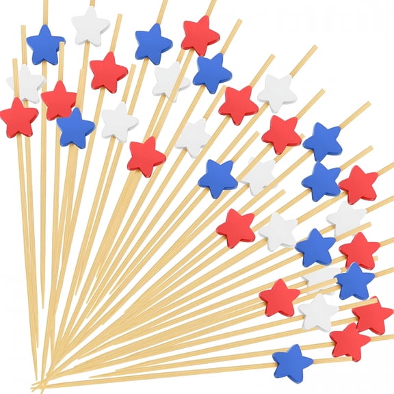 ACDANC 4th of July Cocktail Picks,Red White Blue Star Bamboo Toothpicks for Appetizers,4.7 IN Patriotic Cocktail Skewers Sticks for Fourth of July Party Supplies Memorial Day Independence Day