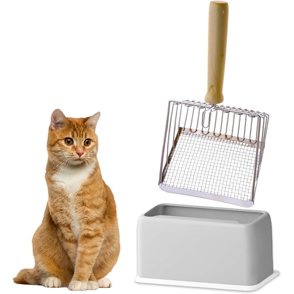 ACDANC 5-In-1 Cat Litter Scooper with Holder, Metal Cat Litter Scoop Deep Shovel Kitty Poop Scooper Stand for Litter Box, Fast Sifting Kitty Poop Scooper Caddy Poop Scooper Stand