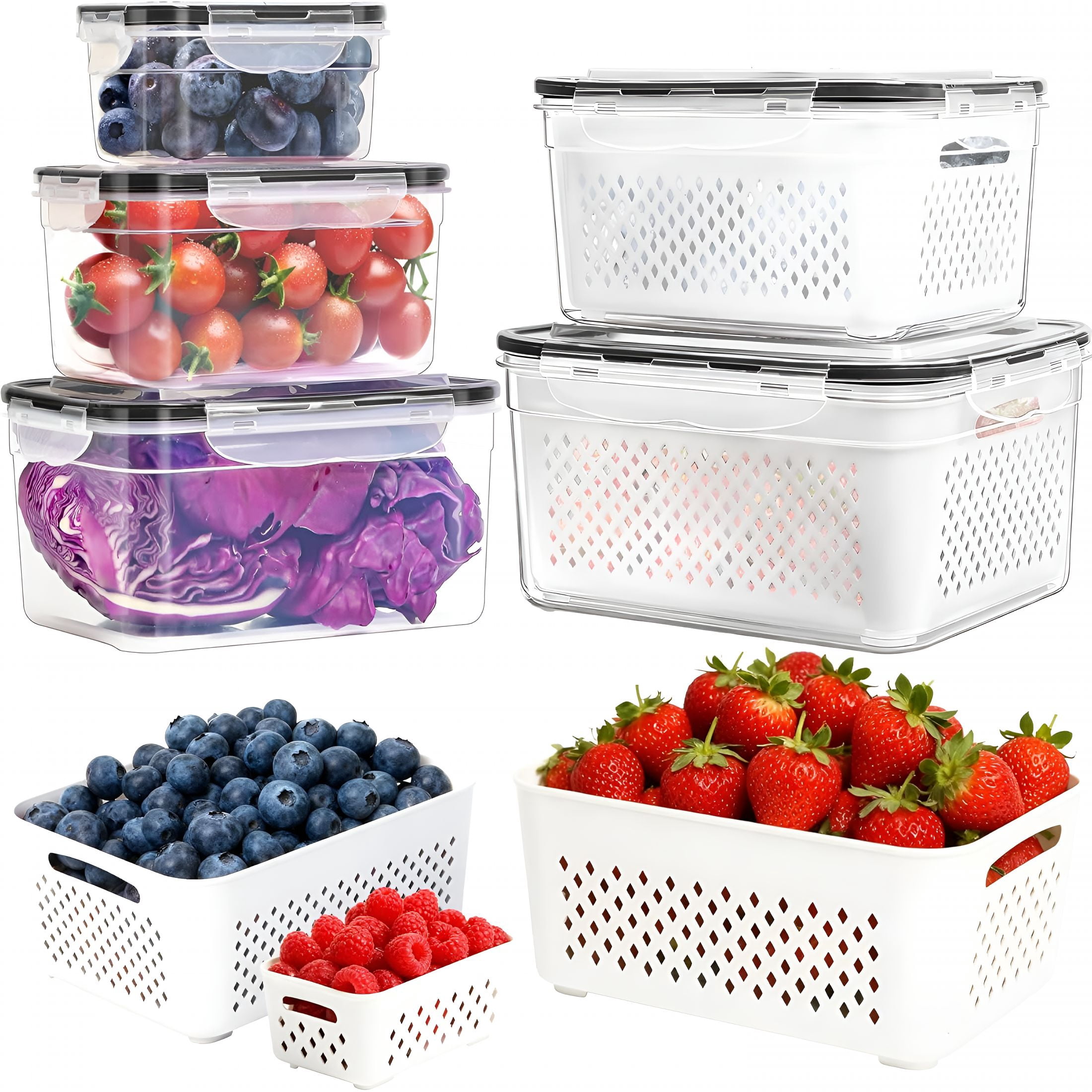 ACDANC 5-Pack Large Fruit Storage Containers for Fridge with Removable Colander,2 in 1 Produce Storage Containers,Bpa-Free Fridge Organizers and Storage Keep Fruits,Vegetables