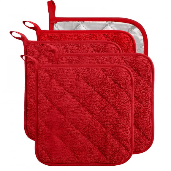 ACDANC 5 Pack Terry Cloth Pot Holders for Kitchen Heat Resistant,7 X 7 Inch Insulated Oven Square Hot Pads,Hot Pads for Kitchen Potholders Sets for Kitchen Cooking and Baking (Red)