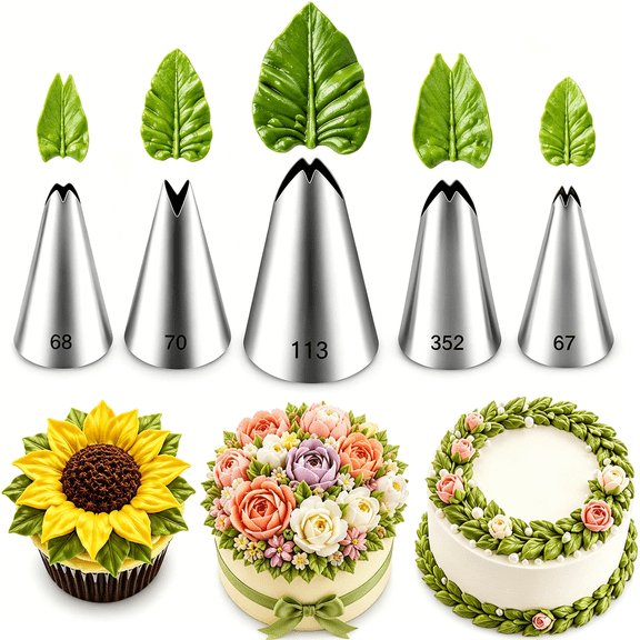 ACDANC 5 Pcs Leaf Piping Tips Set, Stainless Steel Cake Decorating Tips for Buttercream, Frosting Icing Nozzles for Cupcakes, Cookies, Cakes Includes 67, 68, 70, 352, 113 Dishwasher Safe