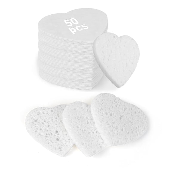 ACDANC 50-Count Heart Shape Compressed Facial Sponges, 100% Natural Cellulose Face Sponge for Removing Dead Skin, Dirt and Makeup, Gentle Spa Sponges for Daily Skincare (White)