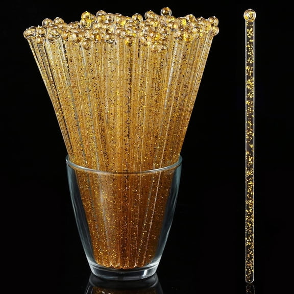 ACDANC 50 Counts Gold Glitter Plastic Swizzle Sticks,Crystal Cake Pops,Cocktail Coffee Drink Stirrers,7.24 Inch