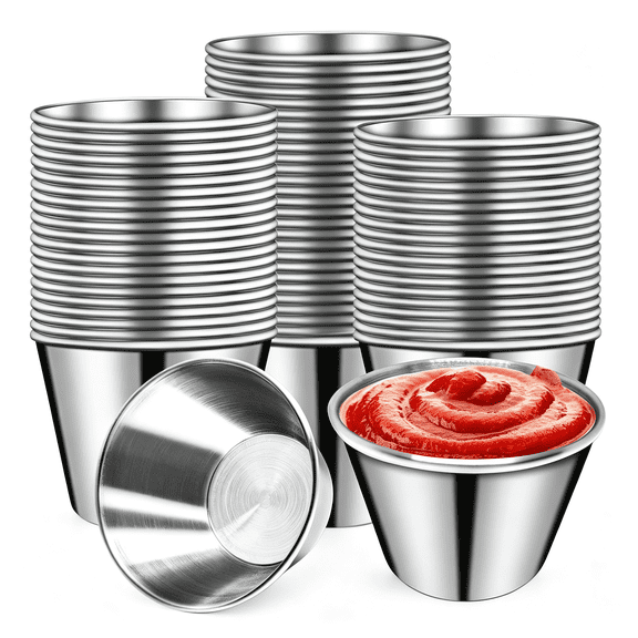 ACDANC 50Pcs Metal Sauce Cups 2.5Oz Ramekins,Stainless Steel Dipping Sauce Cups Metal Condiment Container Reusable Round Butter Dressing Restaurant Small Bowls(50)