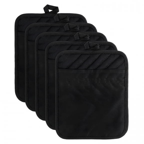 ACDANC 2026 New Cotton Pocket Pot Holder Set Kitchen Heat Resistant Potholder Machine Washable Terry Cloth Potholders Bulk Oven Mitts Black Plain Hot Pads Trivet for Baking Cooking with Pocket(5Pack)