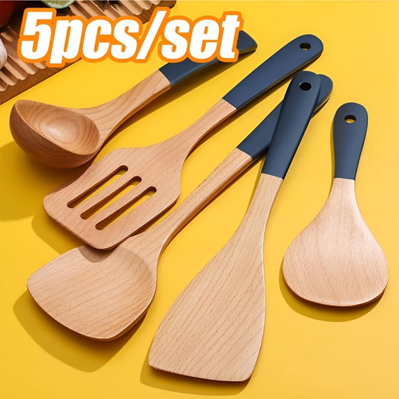 ACDANC 5Packs Bamboo Kitchen Cooking Utensil Set,Wooden Spoons for Cooking & Wooden Spatula with Holder and Spoon Rest Cookware Bamboo Utensils Set,Wood Spoons,Wood Utensils Set for Cooking