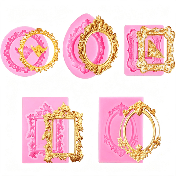 ACDANC 5Pcs Photo Frame Fondant Molds,Picture Frames Silicone Mold Vintage Frame Molds,Baroque Style Air Dry Clay Molds,For Cake Decorating Cupcake Topper Chocolate Candy Polymer Clay Baking