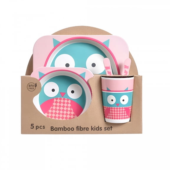 ACDANC 2026 New 5Pcs/Set Bamboo Kids Dinnerware Set - Children Dishes - Bpa Free Food Plate Bowl Cup Spoon Fork Set Dishware,Cartoon Tableware - Owl