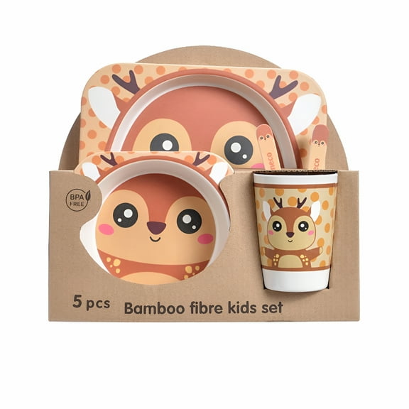 ACDANC 5Pcs/Set Bamboo Kids Dinnerware Set - Children Dishes - BPA Free Food Plate Bowl Cup Spoon Fork Set Dishware,Cartoon Tableware - Square Deer