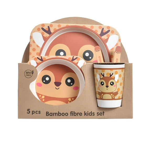 ACDANC 2026 New 5Pcs/Set Bamboo Kids Dinnerware Set - Children Dishes - Bpa Free Food Plate Bowl Cup Spoon Fork Set Dishware,Cartoon Tableware - Square Deer