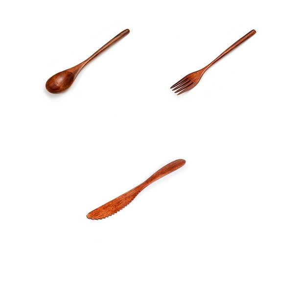 ACDANC 5Pcs Wooden Tableware Set Natural Nanmu Wood Kitchen Wooden Utensils Plant-Based Lacquer Finish Dinnerware Set