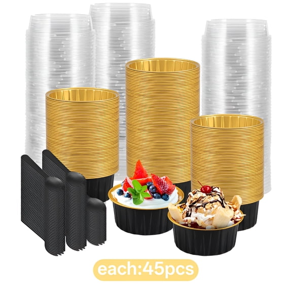 ACDANC 5oz Cupcake Mini Cake Pans With Lids 40 Pack,Aluminum Foil Cupcake Cups Brownie Baking Pans,Square Disposable Ramekins Baking Cups,Small Muffin Tin Holders-Black In Gold