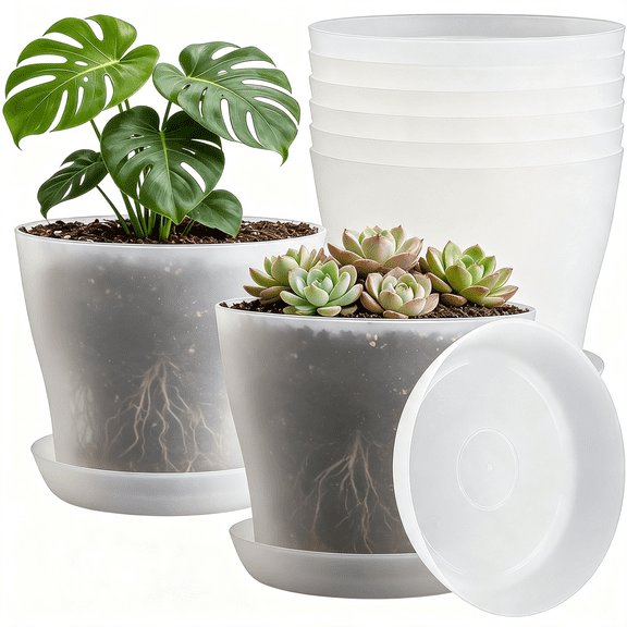 ACDANC 6 Pack 8 " Clear Nursery Plant Pots with Large Drainage Holes&Saucer|Plastic Translucent Flower Pots-Durable Outdoor/Indoor Planters for Succulents,Herbs,Cacti,Houseplants,Gardening Gifts