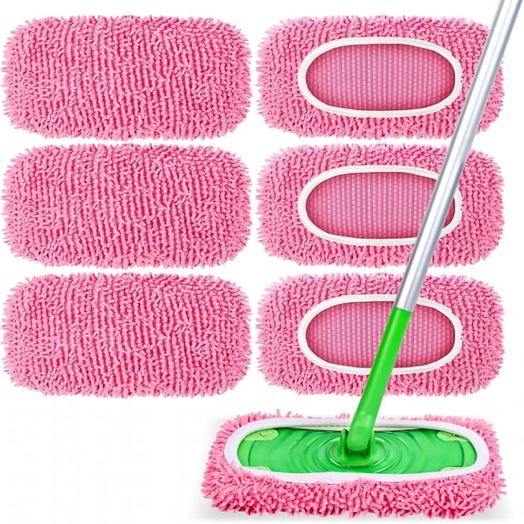 ACDANC 6 Pack Reusable Mop Pads, Chenille Mop Refill Pads, Dry & Wet Mopping Cloths for Floor Cleaning -Pink