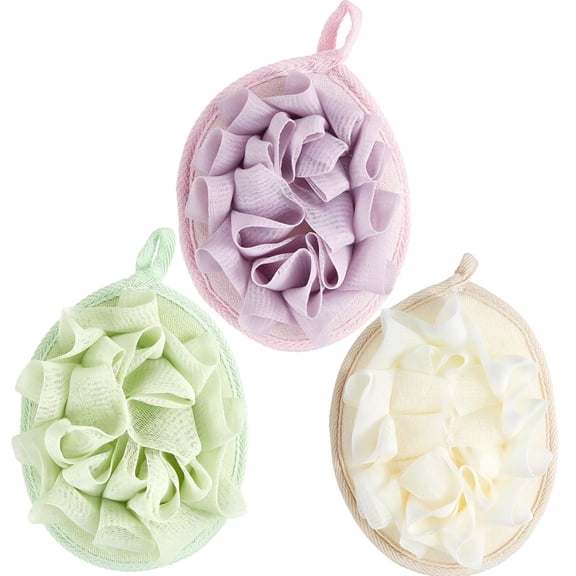 ACDANC 6 Pcs Bath Shower Pouf Sponge Mesh Pouf Shower Ball Exfoliating Body Sponge Pad Scrubber Glove with Flower Bath Ball (Beige,Green,Purple)