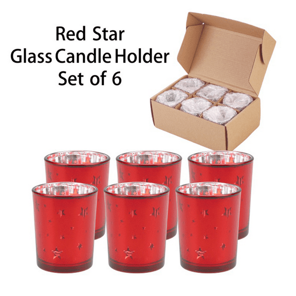 ACDANC 6 Pcs Candle Holder Mercury Glass Candle Holders Votive Tealight Holders with Five-pointed Star Design Red