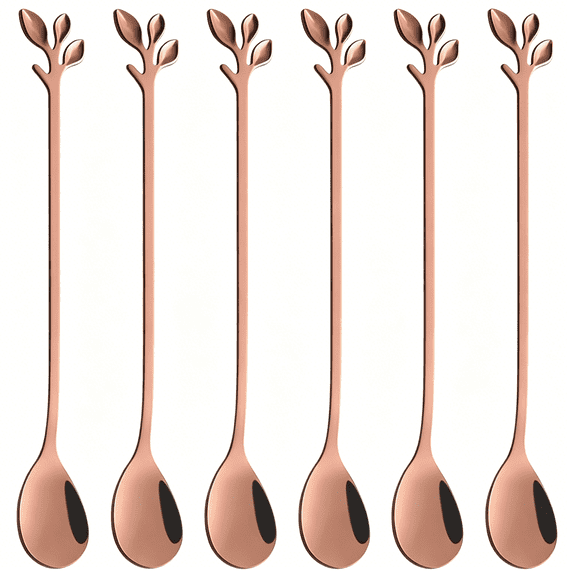ACDANC 6-Piece Elegant Rose Gold Leaf Long Handle Teaspoons - 7.4" Stainless Steel Stir Spoons for Coffee & Tea,Perfect for Mixing & Stirring