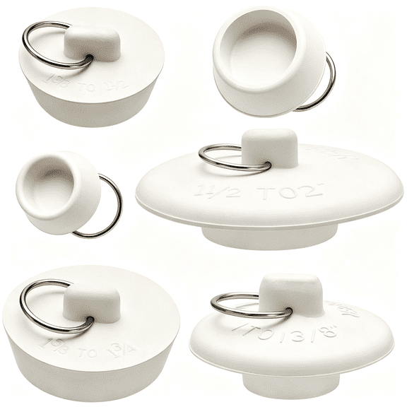 ACDANC 6 Pieces Drain Stopper,Bathroom Sink Stopper,Bathtub Drain Plug with Hanging Ring,Rubber Bath Tub Plugs for Drain in 6 Different Sizes,6 Pieces White Bathtub Stopper
