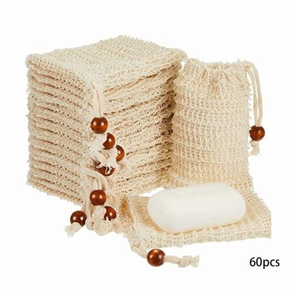 ACDANC 60 Pack Soap Saver Bag Exfoliating Sisal Soap Pouch with Drawstring Bar Wooden Bead Foaming and Drying Exfoliating Net for Bath and Shower (3.5X5.5 Inch)