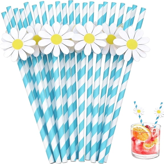 ACDANC 60 Pcs Daisy Paper Straws Disposable Cocktail Straws for Drinks Striped Straw for Milkshakes Beverage Booth Supplies Decorations Blue Blue Cocktail Straws