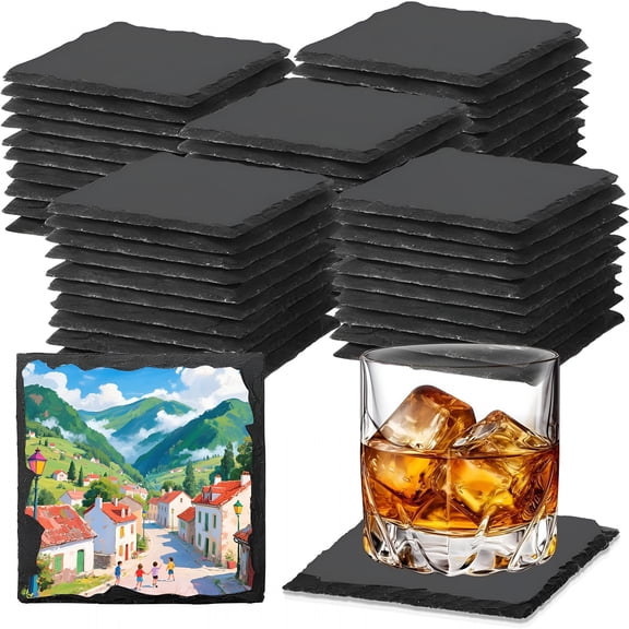 ACDANC 60 Pcs Slate Coasters Black Square 4 Inch Bulk Rock,Blank Laser Engraving,Scratch Resistant Bottom,Home Office Kitchen Gift Wedding Bar Party Square Coasters Coffee Table Decor