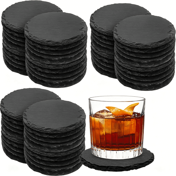 ACDANC 60 Pieces Slate Coasters. 4 Inch Black Coasters Stone Coaster Set,Laser Engraving Blanks with Anti-Scratch Bottom,Perfect for Use in Your Home,Office,Kitchen,Bar Or Anywhere. Round