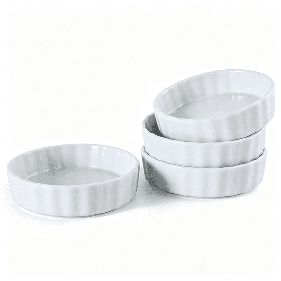 ACDANC 6oz Creme Brulee Ramekins Set of 4 - Ceramic Baking Dishes, Non-Stick Porcelain Pie Dish, Wave Round Baking Dish for Dessert, Pie, Tart, Souffles, Appetizers, Oven and Dishwasher Safe
