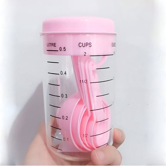 ACDANC 7 Pcs Pink Measuring Cups and Spoons Set, Food Grade Plastic Kitchen Baking Tools, Stackable Dry Liquid Measuring Cup