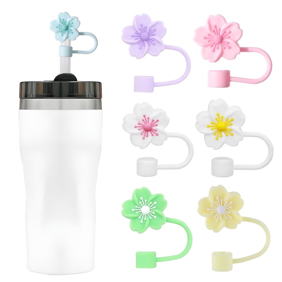 ACDANC 7Pcs Flower Shape Straw Cap Leak-Proof Dustproof 10mm Straw Cover Reusable Drinking Straw Accessories Kids Party Favors Silicone Suction Tubes Cap