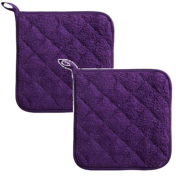 ACDANC 7x7 Inch Purple Pot Holders Set of 2, Heat Resistant Terry Cloth Hot Pads for Baking