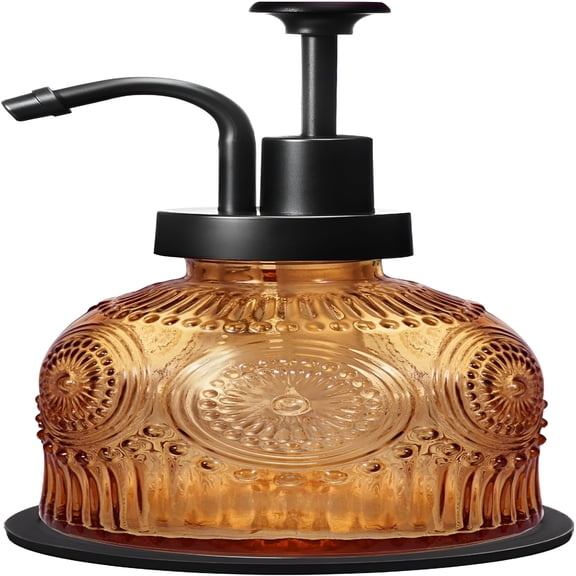 ACDANC 8 Oz Vintage Glass Bathroom Soap Dispensers with Pump,Refillable Kitchen Dish Soap Dispenser with Stripe,Antique Rustic Hand Soap Liquid Bottle (Brown-Black Pump)