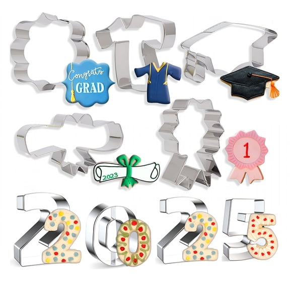 ACDANC 8 Pack Graduation Cookie Cutters Set-Graduation Cap,Diploma,Medallion,Graduation Gown,Plaque Frame,Number Biscuit Sandwich Fondant Fruit Cookie Cutters for Baking