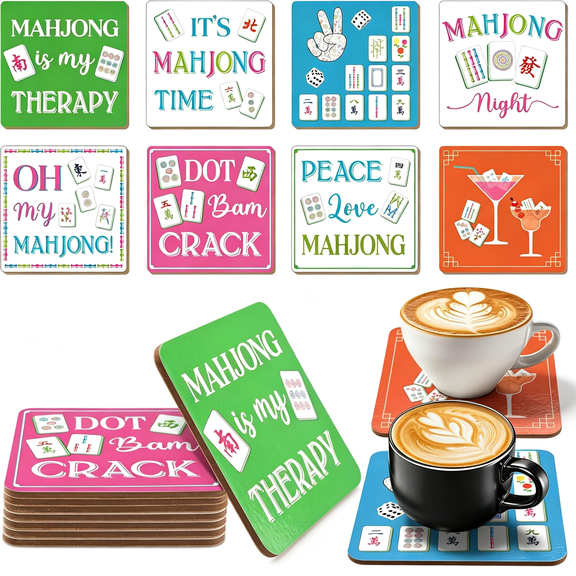 ACDANC 8 Pack Mahjong Coasters 3.94" X 3.94" Drink Coasters Mahjong Cocktail Colorful Cork Pads Gift and Accessories Mahjong Lover Gifts for Game Night Kitchen Table Party Supplies
