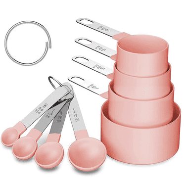 ACDANC 8 Pcs Measuring Cups and Spoons Set,Dual Unit Measurement System Kitchen Utensil with Stainless Steel Handles,Clear Embedded Measurement Marks Measuring Spoons Set,Pink&Silver