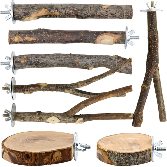 ACDANC 8 Pcs Natural Bird Perch Set, Apple Wood Platforms & Branches for Parakeets Cockatiels, Cage Gym Playstand & Chewing Toys for Small Birds