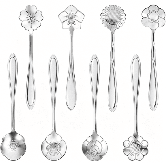 ACDANC 8-Piece Flower Tea Spoon Set,Stainless Steel Silvery Coffee&Dessert Spoons for Stirring,Creative Fancy Tableware for Tea Party,Cafe,Bar,Kitchen,and Home Decor(Silvery)