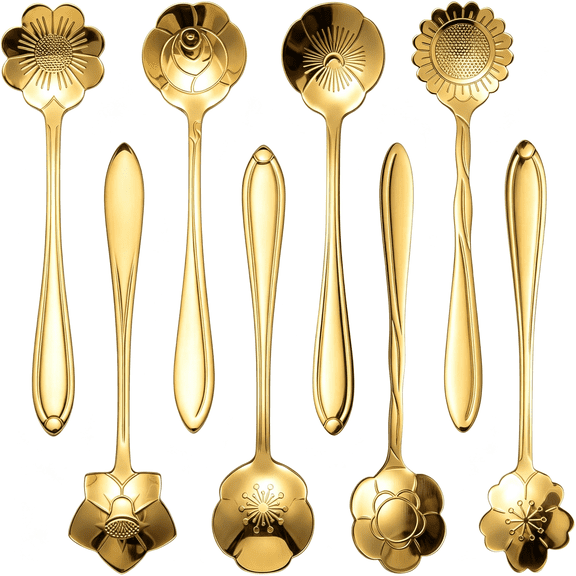 ACDANC 8-Piece Golden Floral Stainless Steel Dessert Spoons,4.9-Inch Elegant Utensils for Tea,Coffee&Cake Serving Gold Spoons