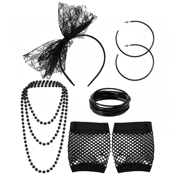 ACDANC 80S Costume Accessories for Women Lace Headband Earrings Fishnet Gloves Necklace Bracelet for 80S Retro Party 80S Accessories for Women