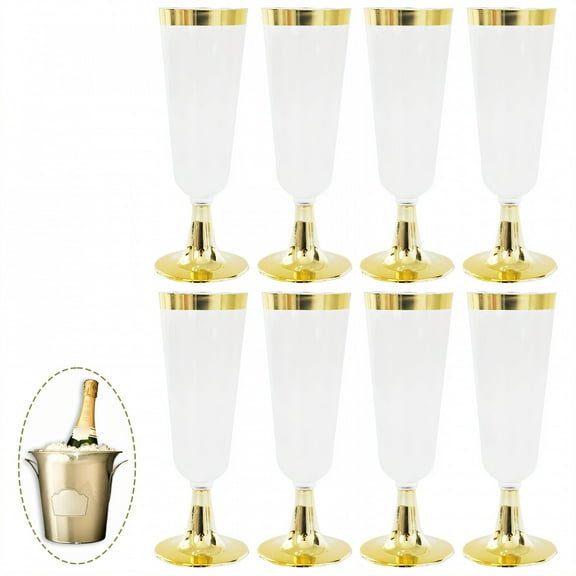 ACDANC 8Pcs Champagne Flutes Plastic 5 oz High-Standing Base Party Cups Disposable Clear Cups for Family Bar Party Wedding Essentials Gold